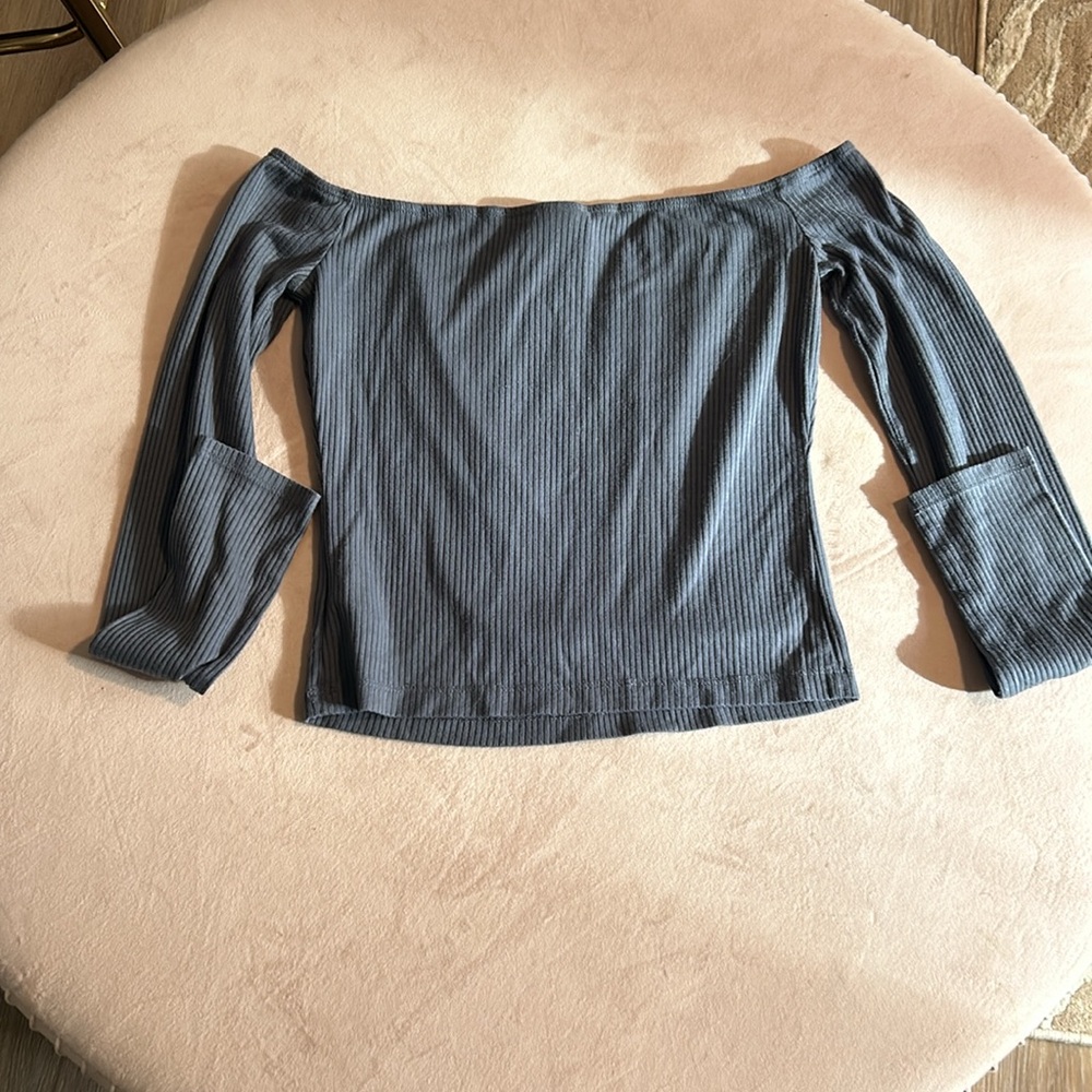 Mossimo Blue Ribbed Off The Shoulder Long Sleeve Top - Picture 3 of 3